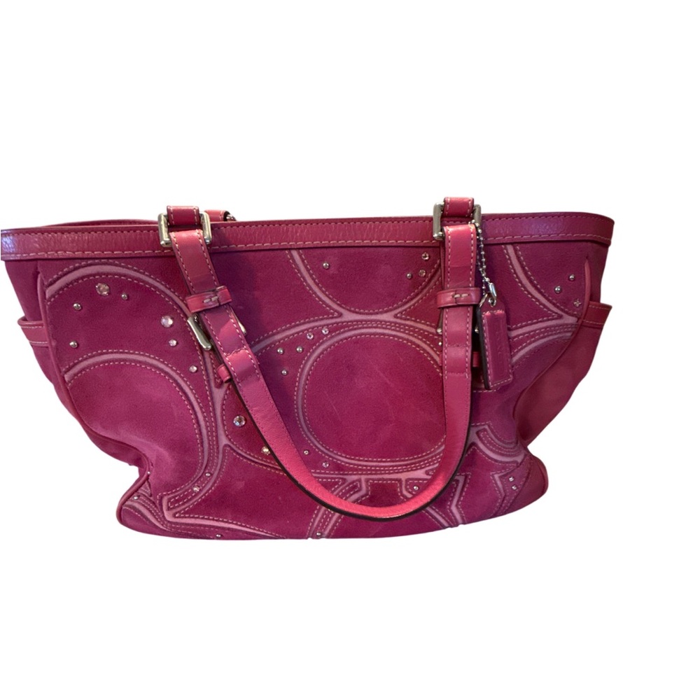 Coach Fuchsia Pink Suede Shoulder Tote with Stud Accents